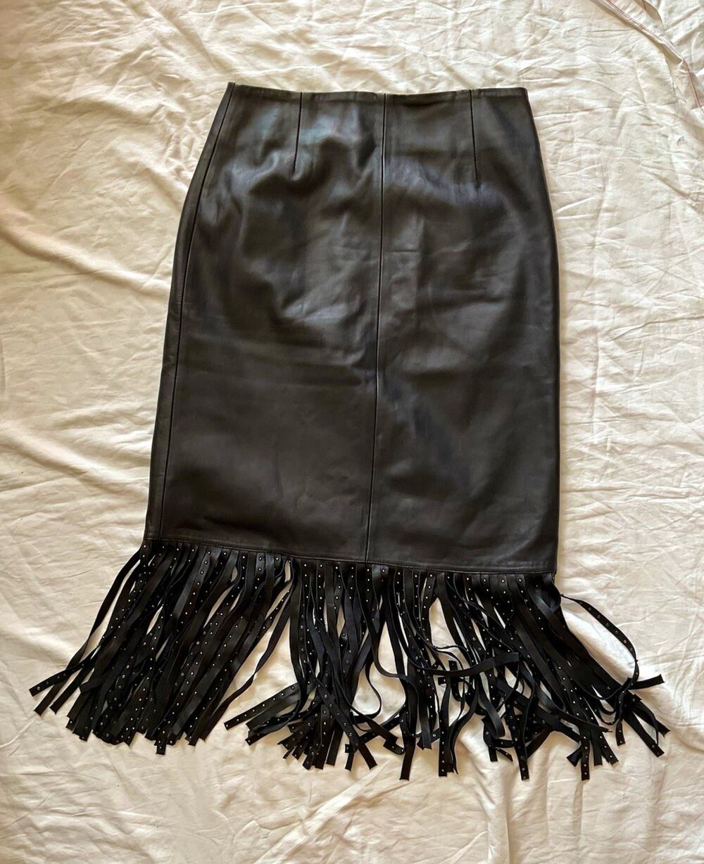 Sandro Paris Jael Genuine Lambskin leather studded Fringe Skirt Black Size 3 L